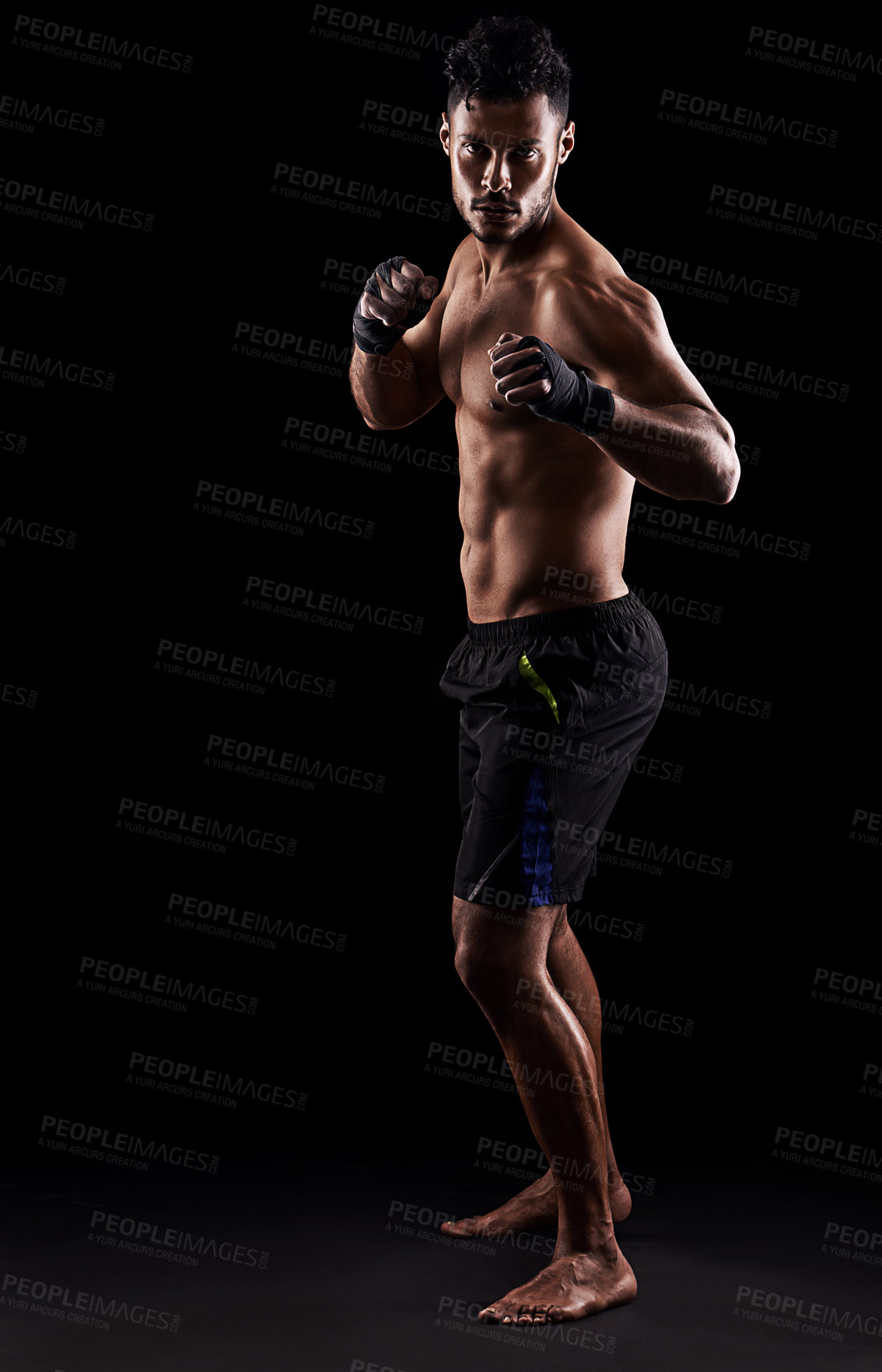 Buy stock photo Man, boxer and portrait in studio for sports, fitness and warrior training on black background. Person, athlete and strong muscles for workout or exercise, health and ready for battle or competition