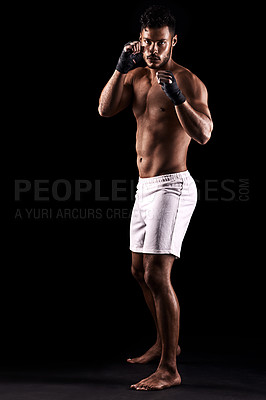 Buy stock photo Fitness, body or portrait of man boxer in studio for power, resilience and training on black background. Fighter, hands by kickboxing male at gym for wellness, energy or exercise, workout or match