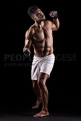 Buy stock photo Man, boxer and portrait in studio for fight, fitness and warrior training on black background. Person, athlete and strong muscles for workout or exercise, health and ready for battle or competition
