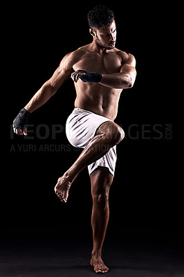 Buy stock photo Man, boxer and fighter in studio for sports, fitness and warrior training on black background. Person, athlete and strong muscles for workout or exercise, health and ready for battle or competition