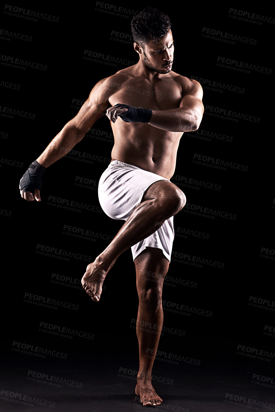 Buy stock photo Man, boxer and fighter in studio for sports, fitness and warrior training on black background. Person, athlete and strong muscles for workout or exercise, health and ready for battle or competition