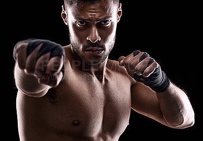 Buy stock photo Fight, boxing and portrait of  man with hands for fitness, sport and exercise isolated in black background. Male person, athlete and boxer in studio backdrop for wellness, training and health