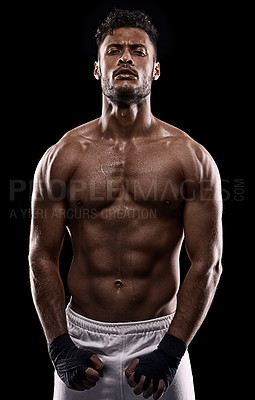 Buy stock photo Man, muscle and portrait for active, muscular and health for wellness and fit for ripped in studio. Indian person and serious for strong, fitness and power for recreation and workout for fight