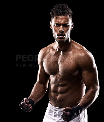 Buy stock photo Sport, fitness and portrait of  man with mockup for boxing, exercise and workout isolated in black background. Body builder, athlete and boxer in studio backdrop for wellness, training and health