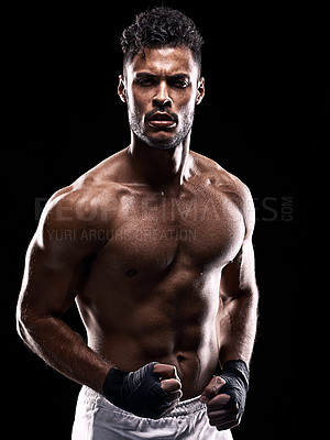Buy stock photo Fitness, strong and portrait of  man with boxing for sport, exercise and workout isolated in black background. Male person, athlete and boxer in studio backdrop for wellness, training and health