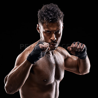 Buy stock photo Boxing, fitness and portrait of  man with hands for sport, exercise and workout isolated in black background. Male person, athlete and boxer in studio backdrop for wellness, training and health