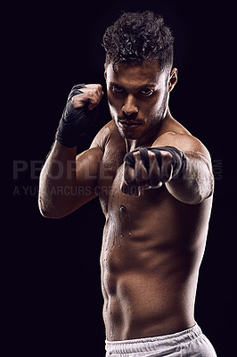 Buy stock photo Body, strong and portrait of  man with boxing for sport, exercise and workout isolated in black background. Male person, athlete and boxer in studio backdrop for wellness, training and health