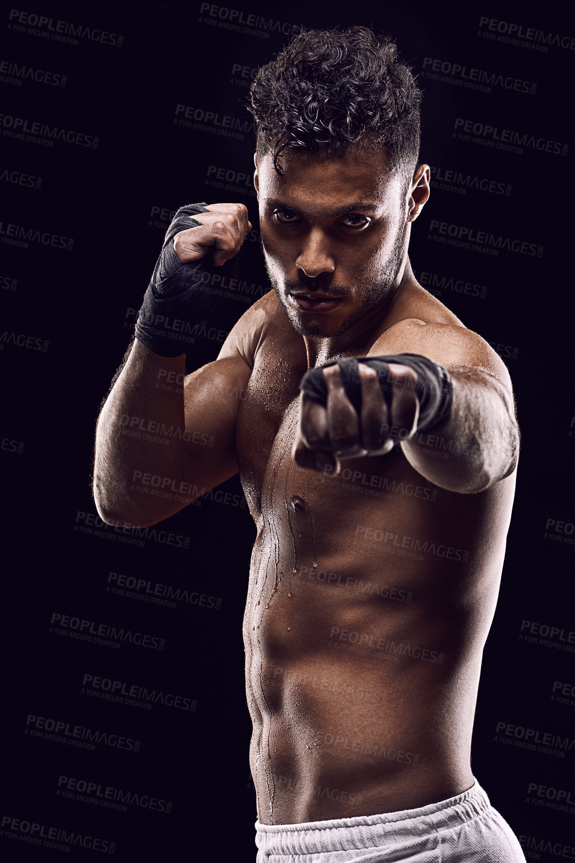 Buy stock photo Body, strong and portrait of  man with boxing for sport, exercise and workout isolated in black background. Male person, athlete and boxer in studio backdrop for wellness, training and health