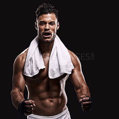 Buy stock photo Fitness, body and screaming man portrait with gym towel in studio for energy, muscle or testosterone on black background. Power, face or male bodybuilder at sport center with lets go fist for workout