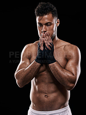 Buy stock photo Man, boxer and thinking in studio for sports, fitness and warrior training on black background. Person, athlete and strong muscles for workout or exercise, contemplating and battle or competition
