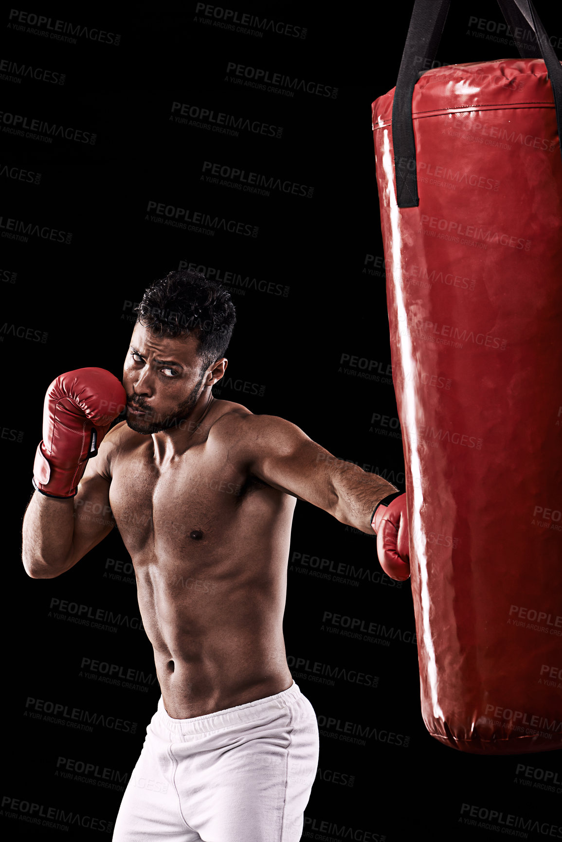 Buy stock photo Man, box and punching bag for active, exercise and health for wellness and sports with muscles in studio. African person and punch for strong, fitness and power for recreation and workout for fight 