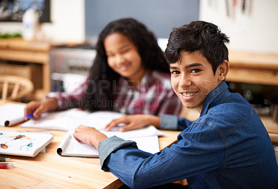 Buy stock photo Children, portrait and friends in classroom homework or teamwork project, assignment or education. Girl, boy and smile with paperwork knowledge for student learning or lesson, creative or development