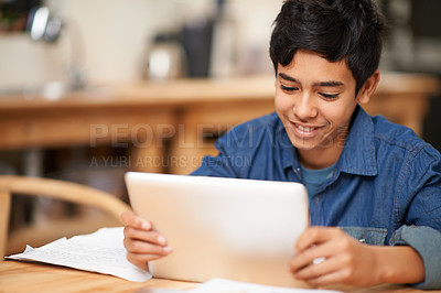 Buy stock photo School, tablet and boy in classroom with smile learning, internet website and young students. Digital education, elearning and child in Montessori class, happiness and studying with online reading.