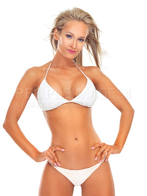 Buy stock photo Woman, studio and trendy in swimsuit fashion, bikini or female person with confidence in summer swimming clothes. Happy, positive or enthusiastic beautiful model, mockup or isolated white background