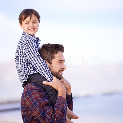 Buy stock photo Ocean, portrait and dad with child on shoulders, smile and mockup space on outdoor adventure. Support, face of father and son in nature for fun, bonding and happy trust on beach holiday together