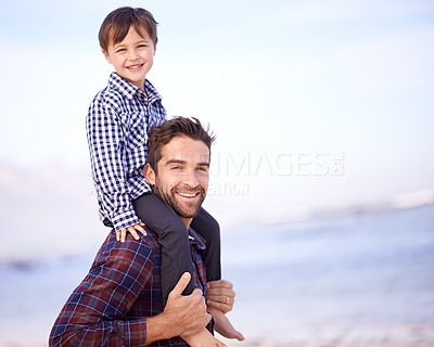 Buy stock photo Beach, portrait and man with son on shoulders, smile and mockup space on outdoor adventure. Support, face of father and child in nature for fun, bonding and happy trust on ocean holiday together