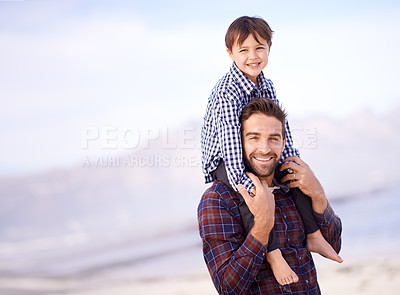 Buy stock photo Beach, portrait and man with child on shoulders, smile and mockup space on outdoor adventure. Support, face of father and son in nature for fun, bonding and happy trust on ocean holiday together