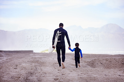 Buy stock photo Beach, father and son with surfing lesson, walking and bonding on summer vacation, loving and quality time. Family, parent and dad with boy, male child and kid with surfboard and seaside holiday
