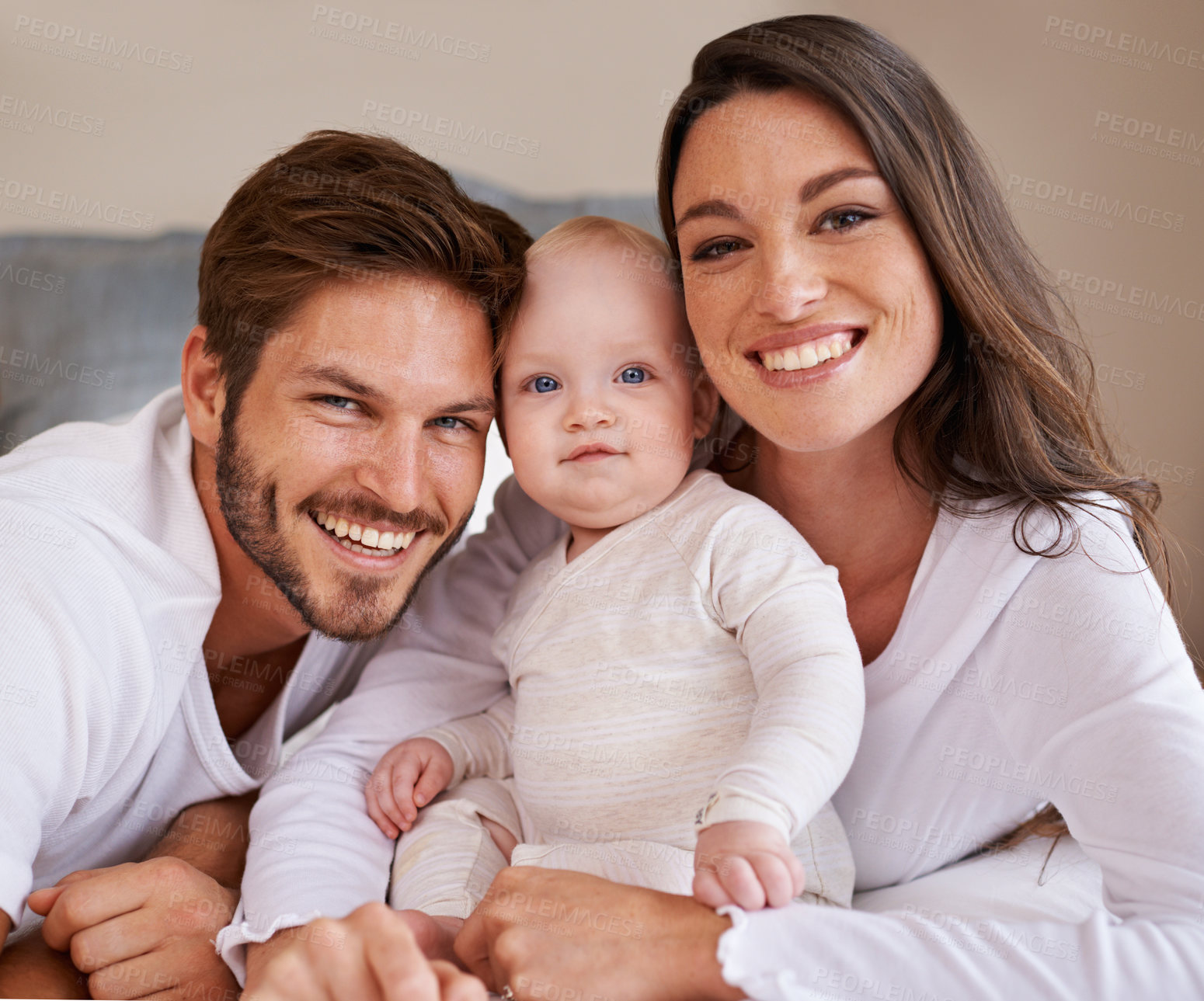 Buy stock photo Portrait, happy family and parents with baby for love, care and quality time to relax together in house. Mother, father and smile with cute infant kid for happiness, support and newborn development