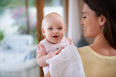 Buy stock photo Family, love and mother with baby in home for bonding, relationship and care for motherhood. Happy, portrait and mom carrying newborn infant for child development, support and affection in house