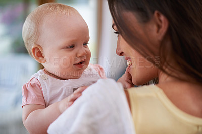 Buy stock photo Happy, love and mother with baby in home for bonding, relationship and care for motherhood. Family, parenting and mom carrying newborn infant for child development, support and affection in house