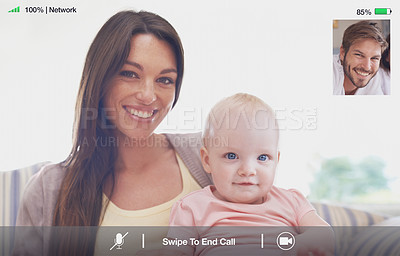 Buy stock photo Video call, family and portrait of parents with baby in home for communication, social networking and conversation. Happy, screen and mom, dad and newborn child for bonding, online ui and interface