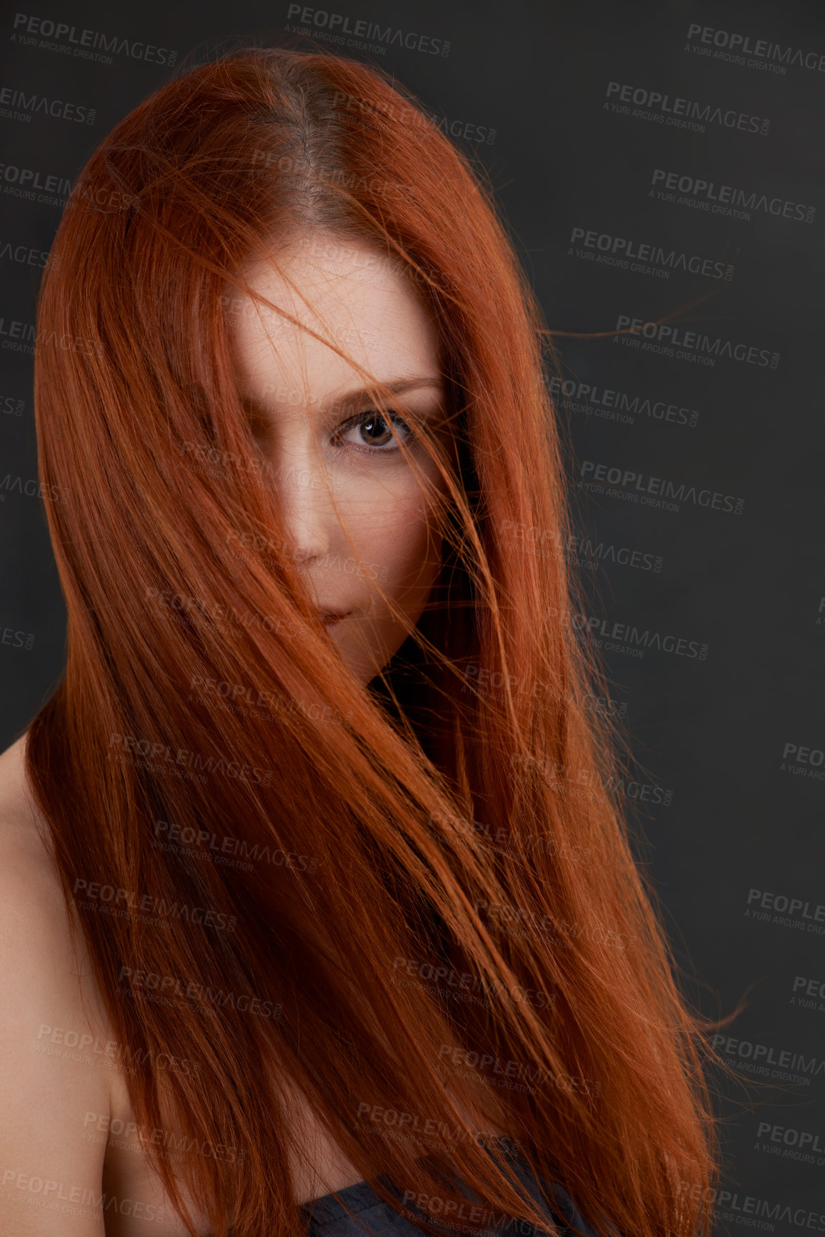 Buy stock photo Woman, portrait and hair care for beauty in studio with soft texture, keratin treatment and cosmetics glow. Model, face and redhead with salon hairstyle, shampoo growth or results on black background