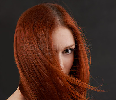 Buy stock photo Woman, portrait or ginger hair care in studio with soft texture, keratin treatment or cosmetics glow. Model, face or natural beauty with salon hairstyle, shampoo growth or results on black background