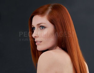 Buy stock photo Hair care, red and woman with shine, wellness and treatment with beauty on a dark studio background. Luxury, person and model with shampoo and grooming routine with growth or cosmetics with beauty