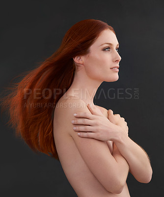 Buy stock photo Body, redhead and hair with naked woman in studio for beauty, wellness or color, shampoo or results on black background. Haircare, ginger or model with growth, pride or glowing skin cosmetics