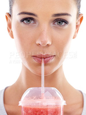Buy stock photo Woman, smoothie and portrait for vitamins in studio, nutrition and health with straw on white background. Female person, closeup and milkshake for weight loss or detox, minerals and wellness fiber