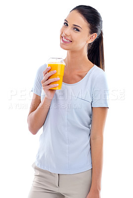 Buy stock photo Woman, studio and smoothie with fruit, health and wellness for diet and weight loss. Girl, nutrition and drink for happiness, wellbeing and satisfaction with raw fresh organic vitamins and minerals