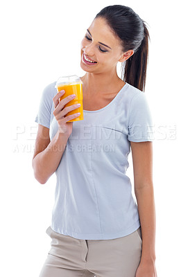 Buy stock photo Person, woman and juice in studio for orange, healthy and fresh squeeze for drink and vitamin. Model, nurse and smile with beverage for cold, fruit and refresh for smoothie on white background 