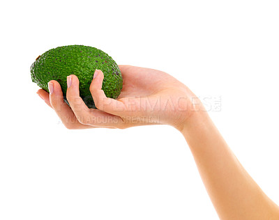 Buy stock photo Nutrition, avocado and hand in studio for healthy diet, wellness and vitamin c on white background. Fruit, green and holding for delicious ingredients, organic food and vegetarian meal with mockup