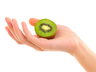 Buy stock photo Hand, kiwi and healthy food for nutrition, wellness and weight loss with ingredient isolated on white background. Person with fruit, sweet or sour with diet, exotic and clean eating vegan for detox