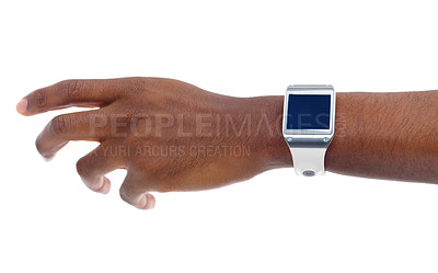 Buy stock photo Smartwatch, hand and closeup of man in studio for fitness, workout and running app with technology. Health, sports and digital time on arm of male athlete for training or exercise by white background