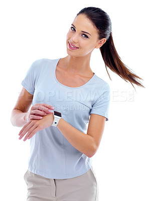 Buy stock photo Woman, smart watch and portrait in studio for time, gadget and technology for date, alarm and function. Model or person and touch digital for press, schedule and hour for display on white background