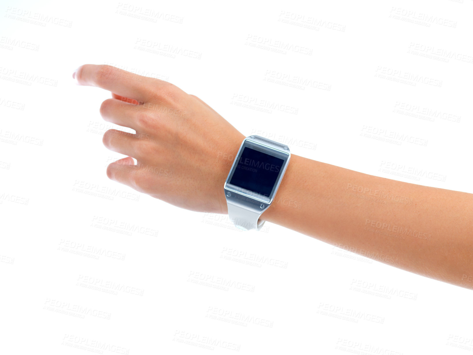 Buy stock photo Cropped view of a woman wearing a smartwatch. The commercial product(s) or designs displayed represent simulations of a real product, and are changed or altered enough so that they don't have any copyright infringements. Our team of retouching and design specialists custom designed these elements for each photo shoot