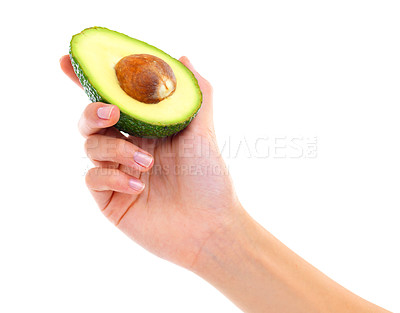 Buy stock photo Avocado, fruit and hand for healthy, food and eat for detox and pulp for delicious. Green, organic and showing for nutrition and vitamin for vegan and meal for diet and yum on white background   