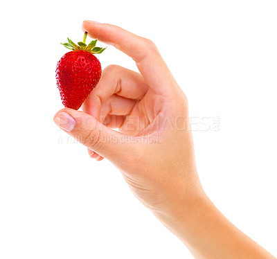 Buy stock photo Hands, strawberry and healthy food for diet, wellness and weight loss with ingredient isolated on white background. Person with fruit, sweet or sour with nutrition, red berries for detox and vegan