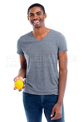 Buy stock photo Man, lemon and portrait for fruit, healthy and fresh for diet, immune system and vitamin. African person or dietician and smile with snack for detox and citrus for antioxidant on white background