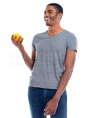 Buy stock photo Man, lemon and fruit for healthy and fresh for diet, immune system and vitamin. African person or dietician and smile with joy for snack, detox and citrus for antioxidant on white background
