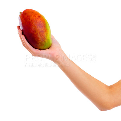 Buy stock photo Hands, mango and healthy food for diet, wellness and weight loss with ingredient isolated on white background. Person with fruit, sweet or sour with nutrition, tropical or exotic for detox and vegan