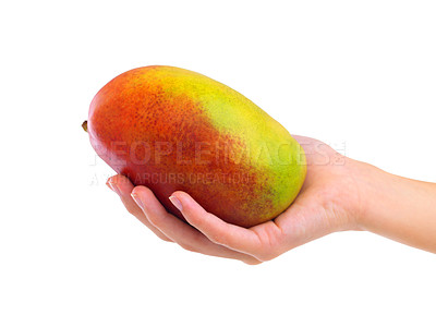 Buy stock photo Hands, mango and healthy food for nutrition, wellness and weight loss with ingredient isolated on white background. Person with fruit, sweet or sour with diet, tropical or exotic for detox and vegan
