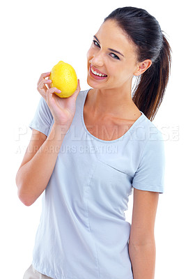 Buy stock photo Woman, lemon and portrait for cleanse, healthy and fresh for diet and vitamin. Model, nurse or dietician and smile with fruit for showing, detox and citrus for antioxidant on white background