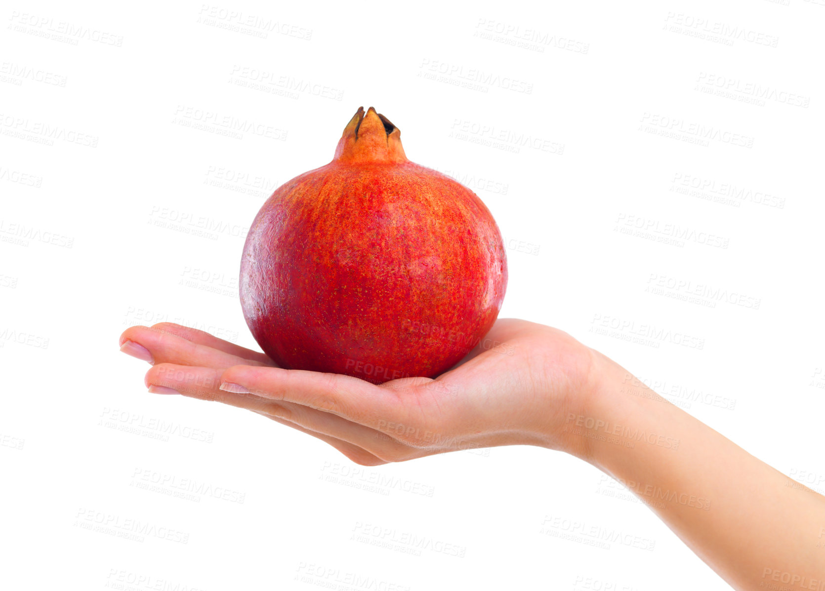 Buy stock photo Hands, pomegranate and healthy food for diet, wellness and weight loss with ingredient isolated on white background. Person with fruit, sweet or sour with nutrition, clean eating for detox and vegan