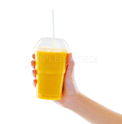 Buy stock photo Closeup studio shot of a woman holding a fruit shake isolated on white