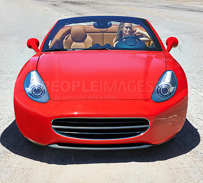Buy stock photo Convertible, sports car and drive in luxury on road in city, outdoor in summer or motor travel with woman. Vehicle, transport and female driver on highway, street or driving on holiday and vacation
