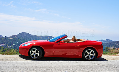 Buy stock photo Woman, red convertible and road trip on mountain, travel and luxury transport on summer drive. Happy female person, holiday and countryside wellness on street, vacation and adventure in vehicle