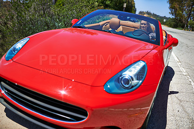 Buy stock photo Convertible, sports car and driving in luxury on road in city, outdoor in summer or fast travel with woman. Vehicle, transport and rich driver on highway, street or drive on holiday and vacation